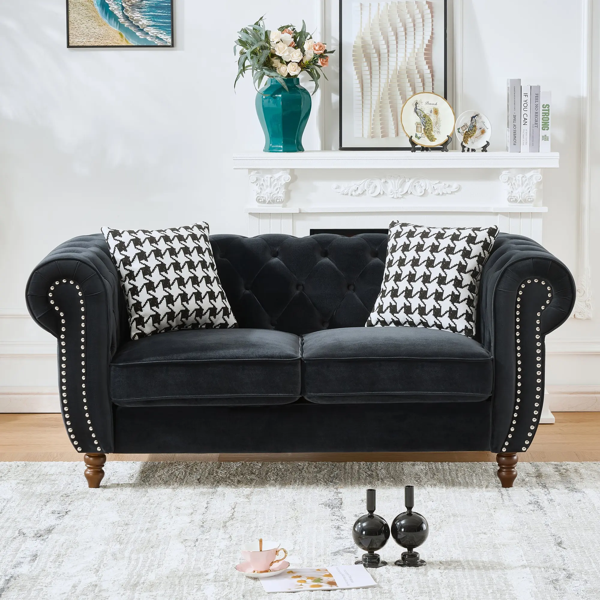 Nokaa 67" Chesterfield Velvet Upholstered Loveseat with Rolled Arms & Nailhead Trim, Mid-Century Modern 2-Seater Couch for Living Room, Office, Apartment, Black Fabric