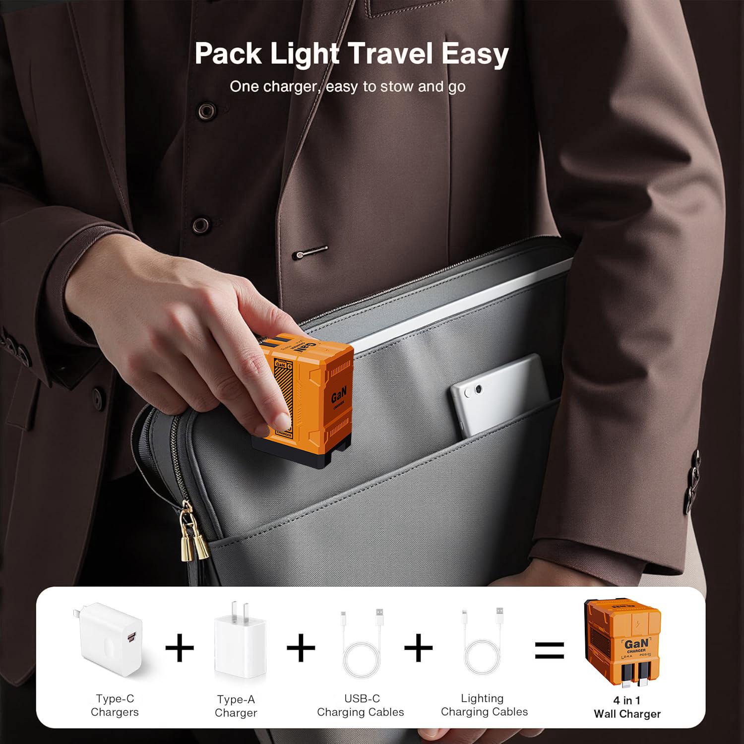 W&O Compatible with 120W GaN Fast Charger | Retractable Type-C & Lightning Cables |Foldable Adapter for iPhone 16, iPad, MacBook, Multi-Device Fast Charging