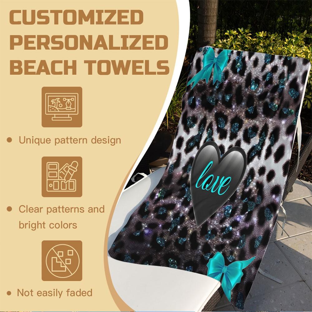 Y2K Coquette Leopard Love Beach Towel | High‑Definition Digital Print of Glitter Leopard, Teal Bows & Black Heart | Quick‑Dry Towel Towel for Pool, Beach, and Travel