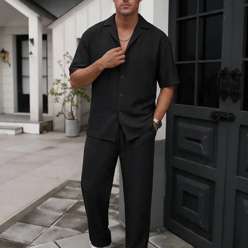 Two-Piece Set Men's Plain Solid Color Button Shirt & Drawstring Waist Pants, Matching Outfits Set Loose Stylish Classic Casual Outdoor Short Sleeve Top & Trousers, Summer Outfits for Men Menswear Clothes