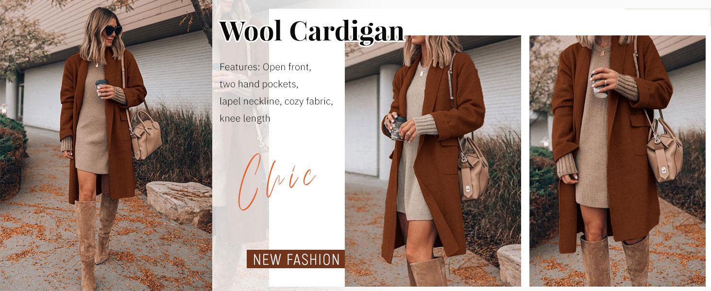 UANEO Women's Long Cardigan Wool Coat Open Front Pockets Warm Lapel Jacket Coat