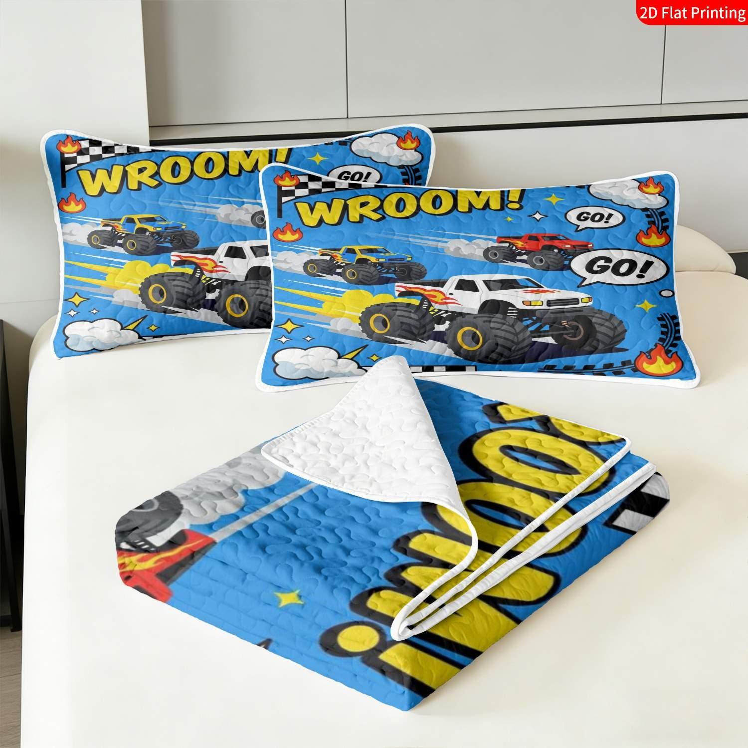 TikTok Made Me Buy It! Boys' Favorite Monster Truck Bedding 3Pcs Set | 1 Bedspread & 2Pillowcases, Racing Car Theme, Perfect Gift for Kids