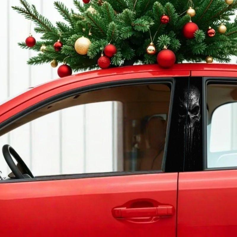 Punisher Skull B Pillar Sticker, Deep and Weathered Design, Cracked Splash Effect, Vertical Drop, Waterproof Car Decal