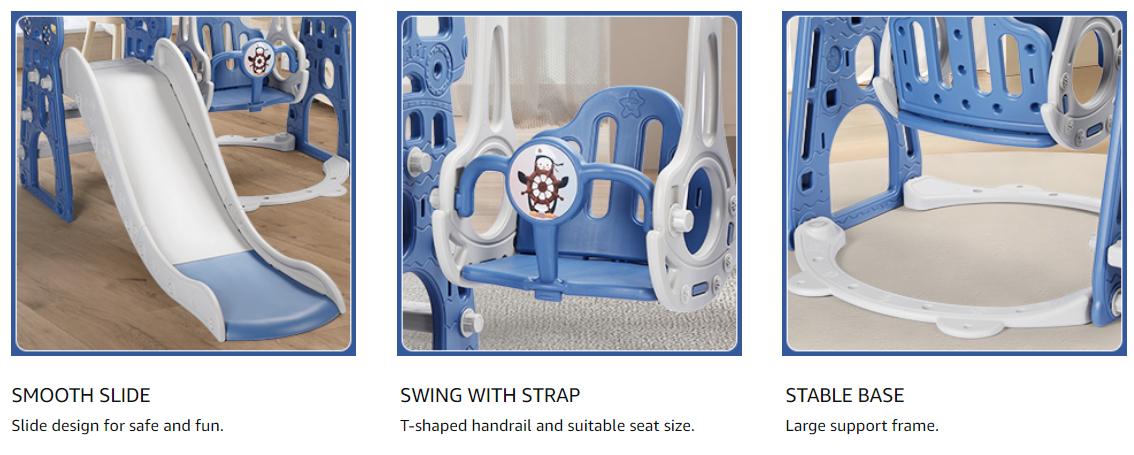 Rengue 4 in 1 Toddler Swing and Slide Set for Age 1-6 Indoor Playground for Children Baby Swing Set with Slide, Climber, Basketball Hoop and Long Slide for Boys and Girls Blue