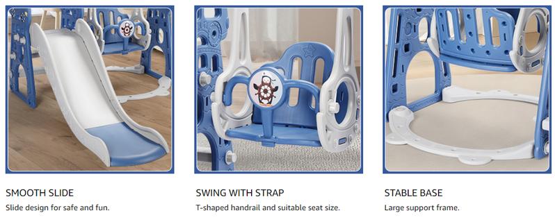 Rengue 4 in 1 Toddler Swing and Slide Set for Age 1-6 Indoor Playground for Children Baby Swing Set with Slide, Climber, Basketball Hoop and Long Slide for Boys and Girls Blue