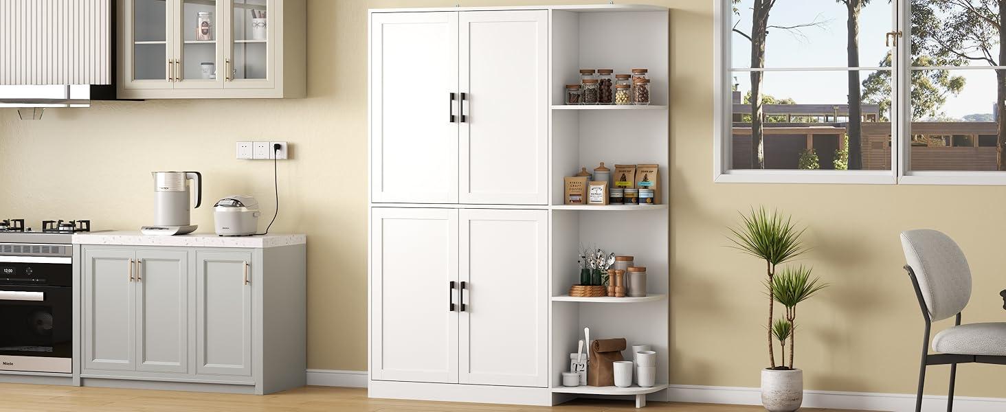 Kitchen Pantry Storage Cabinet with Doors & Adjustable Shelves, 64" Tall Kitchen Cabinet with 5-Tier External Shelf, Freestanding Cupboard high quality storage cabinet affordable  pantry wood  cabinets particle  board microwave  drawer