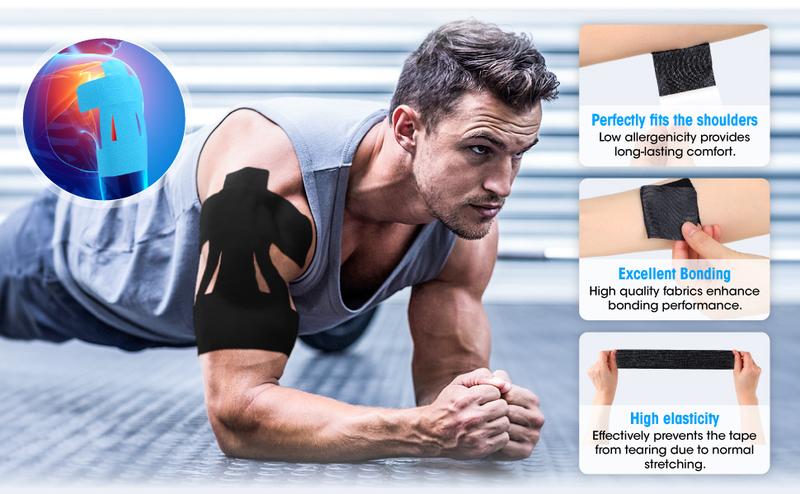 10 Count Kinesiology Tape for Shoulder Pain Relief Pre Cut Sports Waterproof Breathable Enhance Elastic Kinesiology Athletic Tape for Shoulder Support and Muscle Marathon Sports(Black)