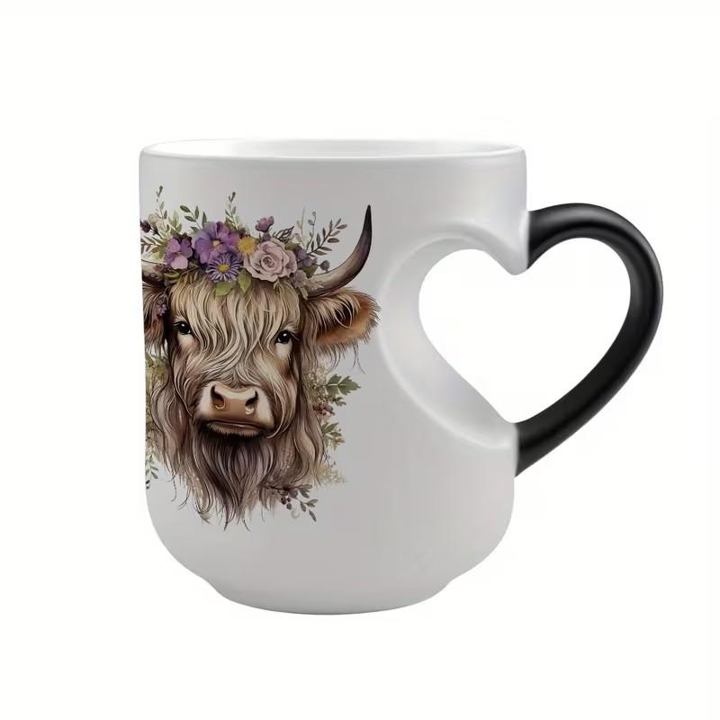1pc Scottish Highland Cow Magical Mug with Heart-Shaped Handle & Scottish Cow Design - Ceramic Tea/ Cup, Hand Wash Only, Reusable Gift for &, Birthdays, Cartoon Themed Gifts 11oz Drinking Cup