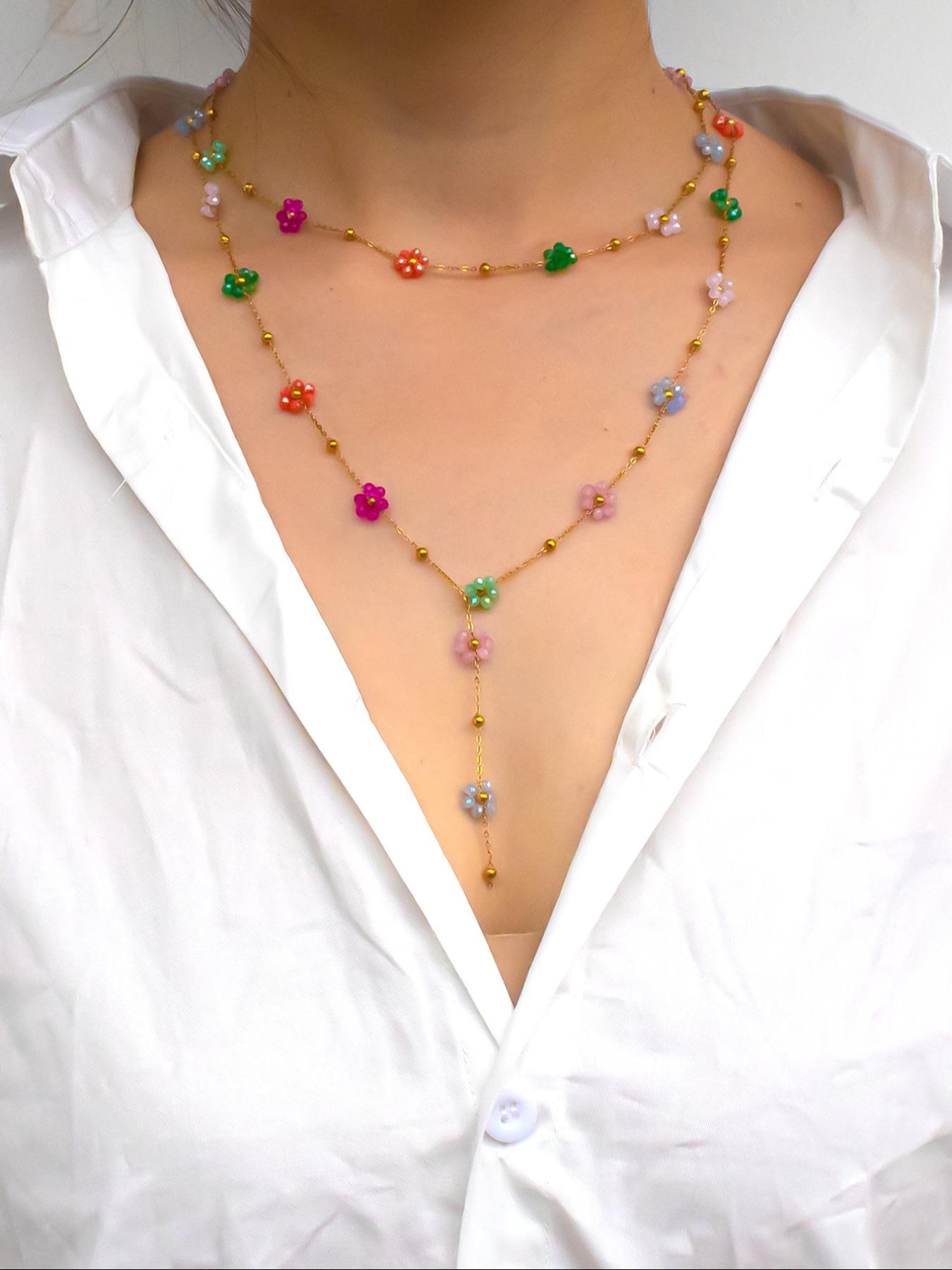 Boho Style Colorful Beaded Flower Necklace Set, Handmade Daisy Pendant Fringe Design, 14k Gold Plated Chain Jewelry Gift