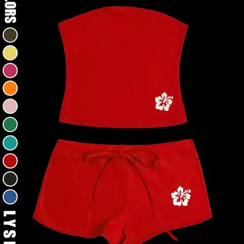 2PCS Women's Fashion Knit Slim Fit Solid Color Floral Print Two-Piece Set, Casual Style Crop Top, Perfect for Everyday Wear Summer Fabric