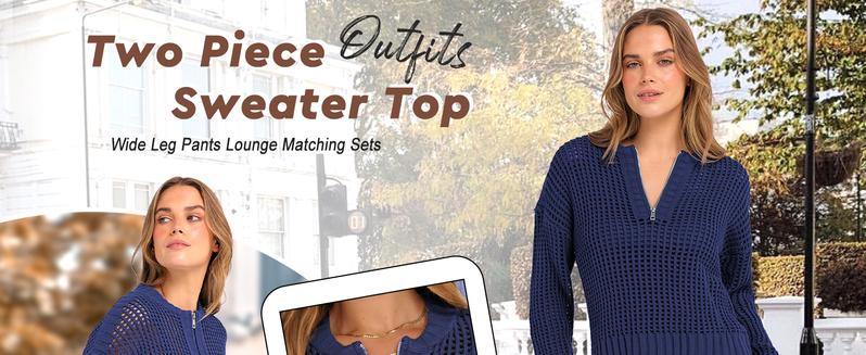 ANRABESS Womens 2 Piece Outfits 2025 Fall Crochet Knit Half Zip Sweater Top Wide Leg Pant Travel Matching Sets Lounge Clothes