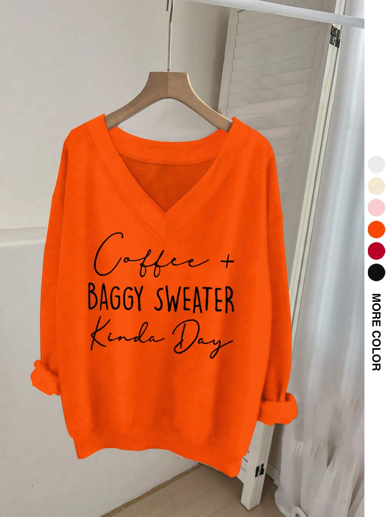 Casual Women's Long Sleeve V Neck Sweatshirt with Fun Letter Print, Elegant Ribbed Hem Fashion for All Seasons, Perfect for Fall and Winter, Lady Womenswear