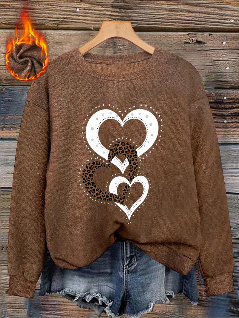 [Autumn and Winter] Women's casual and fashionable round neck imitation sweater top, heart pattern print comfortable round neck imitation sweater top, suitable for autumn and winter season