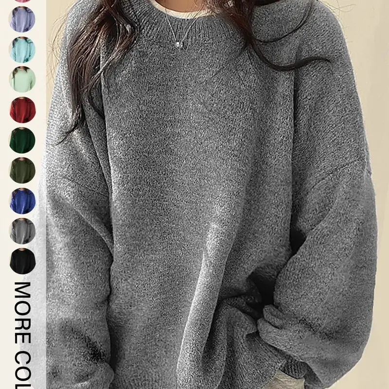 Women's Drop Shoulder Split Hem Sweater, Casual Long Sleeve Round Neck Jumper, Women's Knitwear Top for Fall & Winter, Sweaters for Women