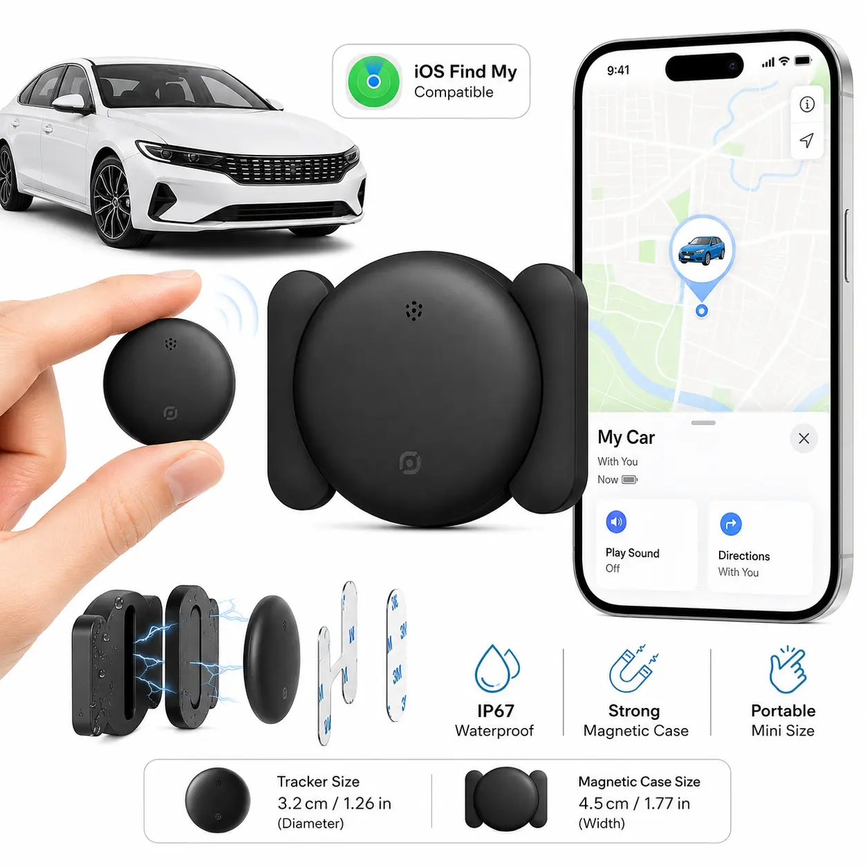 Mini GPS Tracker with Waterproof Magnetic Case, iOS-Compatible Bluetooth Item Finder for Dogs, Cats, Cars and Vehicles, Portable Anti-Lost Location Tracker for Keys, Luggage, Bags and Valuables