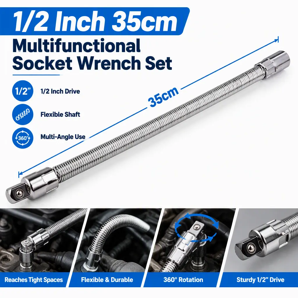 1/2 Inch 35cm Multifunctional Socket Wrench Set, Equipped with 3 Bendable Shafts, Wrench Extender and Connecting Rod, Durable Work Tools for Auto Repair and Household Maintenance, Practical Field Mechanic Car Accessories, Ideal Father's Day Gifts