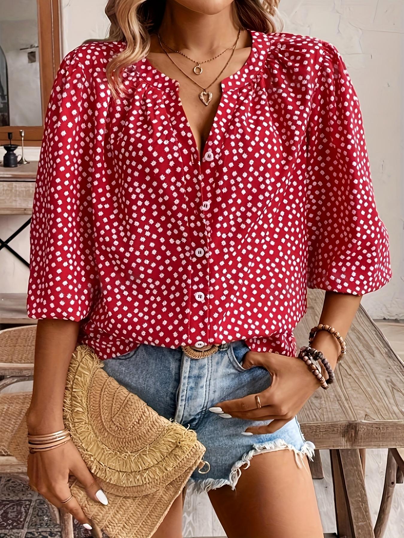 A women's fashionable versatile casual red floral V-neck lantern sleeve shirt, suitable for summer, daily casual wear, vacation, and commuting.