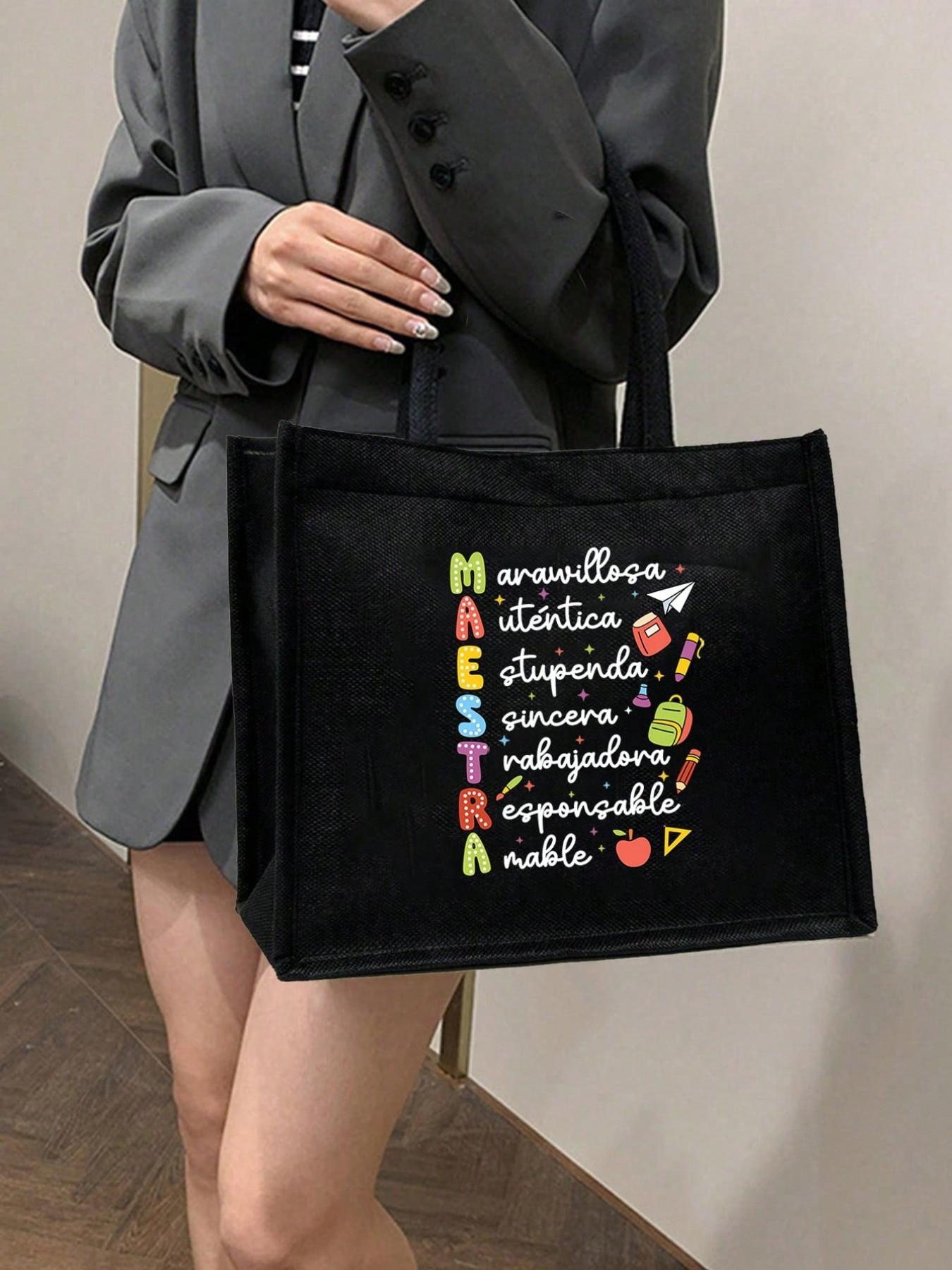 Women Teacher Tote Bag Set, Spanish Teacher Zipper Pouch, Cute Learning Print, Large Capacity Linen Bag, Reusable, Beach, Shopping, Travel, Gift