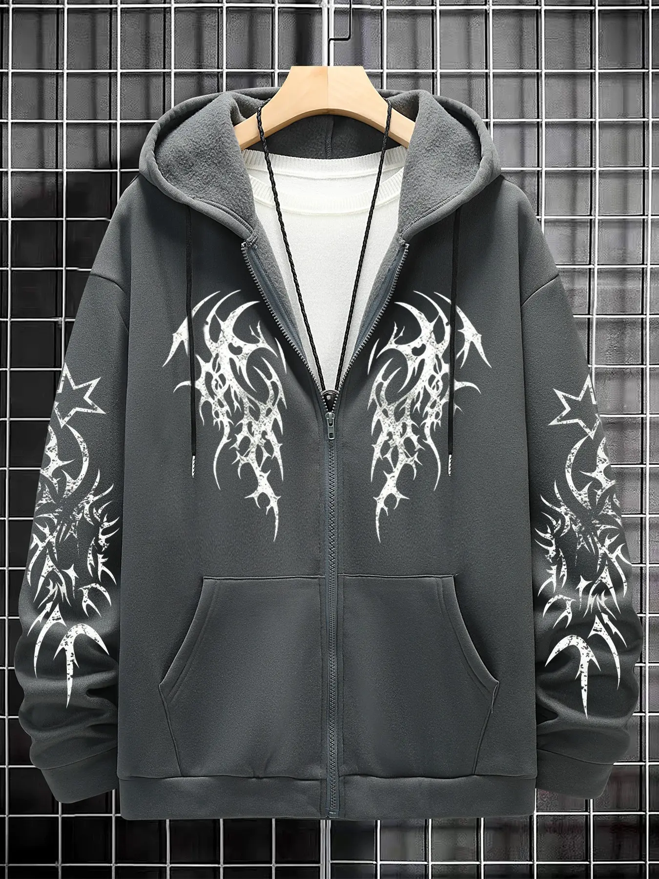 Men's Casual Hooded Zipper Fleece Sweatshirt Cardigan Coat, Thorn Print, Halloween Fashion, Fall Winter Street Style, Loose Fit