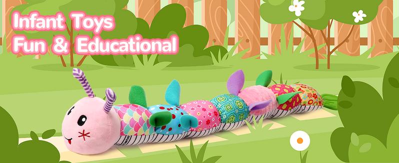 Newborn Baby Girl Gift Toys ,Infant Tummy Time Toys,Musical Stuffed Animal with Multi-Sensory Crinkle, Rattle and Textures,Baby Boy Girl Gifts,Pink Caterpillar Cute