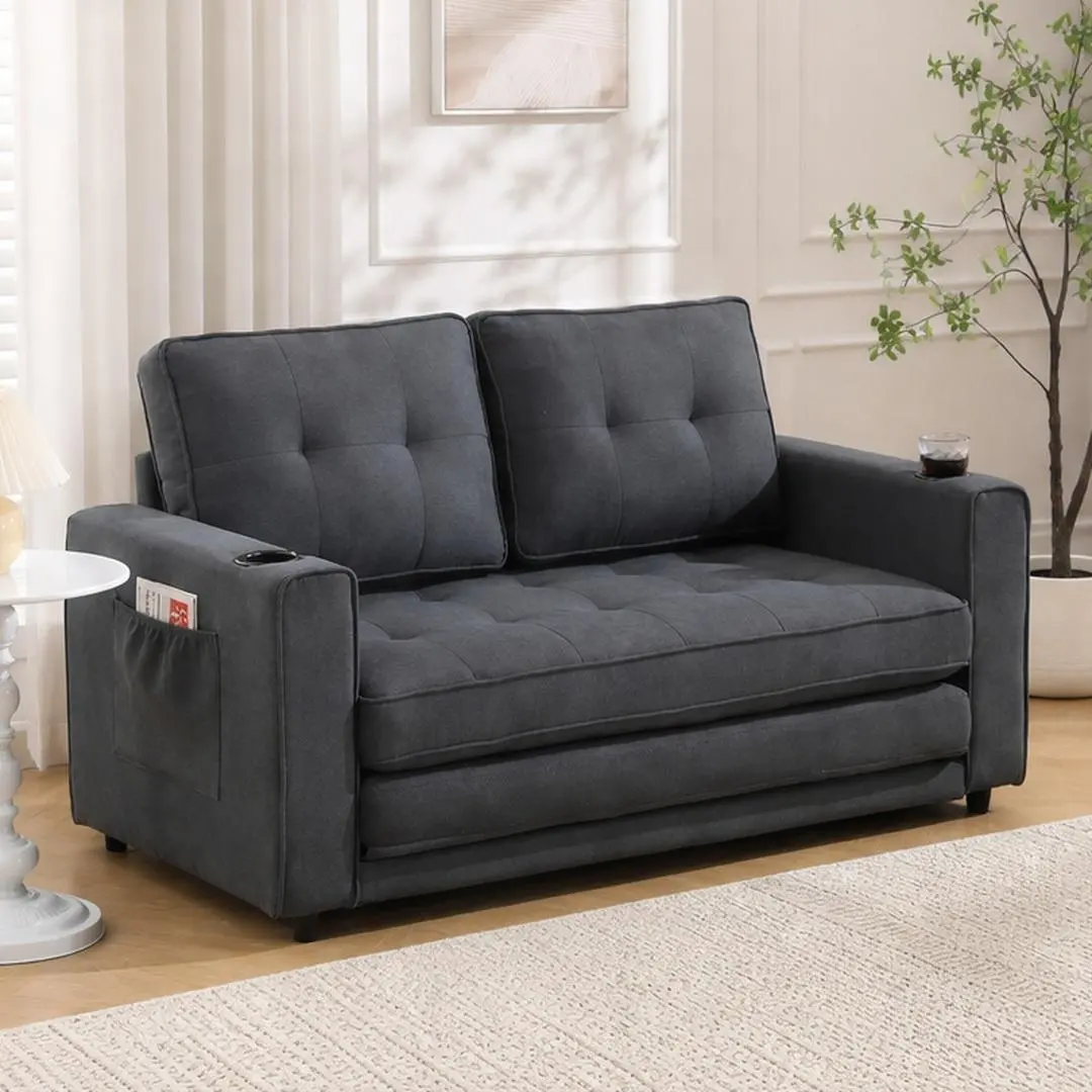 3-in-1 Convertible Futon Sofa Bed, Tufted Upholstered Loveseat with Pull-Out Sleeper, Side Pockets and Cup Holder, Dark Gray