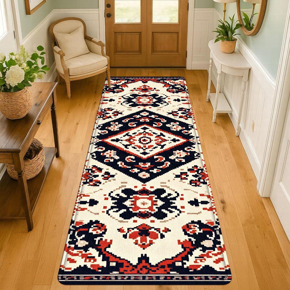 1PC， Red, White and Black Geometric Pattern strip rugs, home décor, bathroom mats, entryway mats, bathroom non-slip mats, indoor entrance rugs, bedroom bedside mats, kitchen mats, hallway rugs, flannel sponge rugs, hallway runner rugs