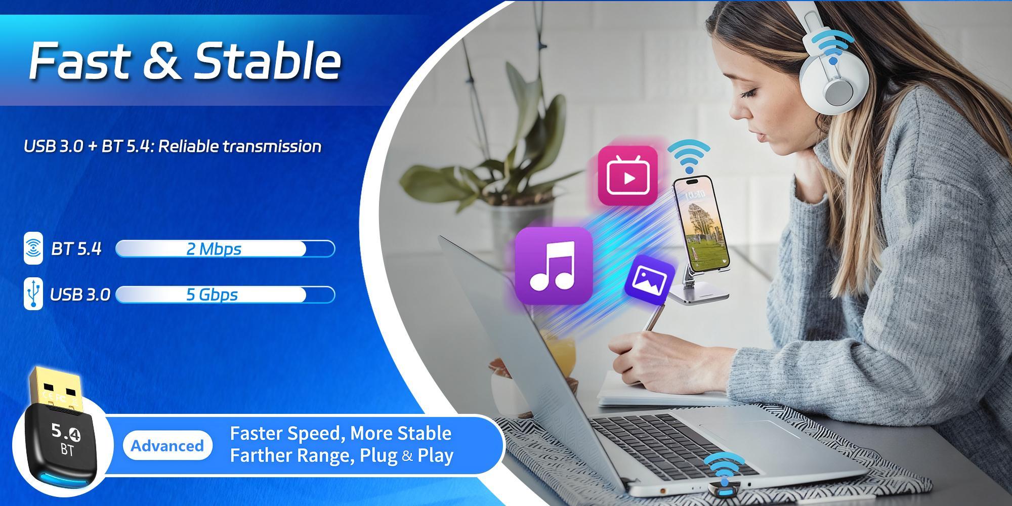 Bluetooth Adapter USB 5.4 Dongle for PC Laptop 65FT Long Range Wireless Receiver with USB3.0 High Speed Transmission Low Latency Stable Connection Compatible with Windows 7/8.1/10/11 Supports Multiple Devices like Keyboard Mouse Headphone TV Tablet Perfec