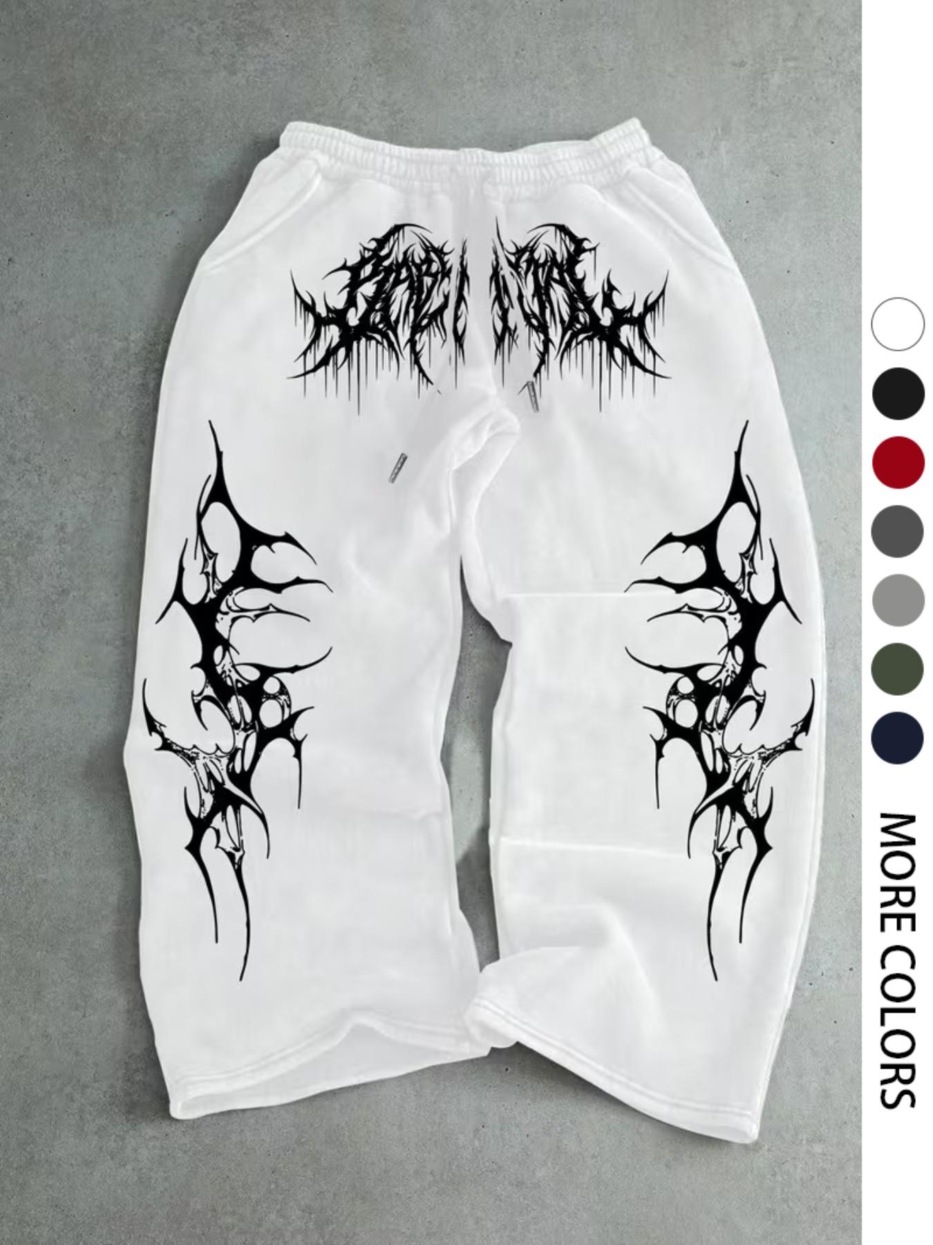 Men's Casual Sport Pants, Fringe Thorn Pattern Print Sweatpants, Drawstring Wide Leg Leisure Long Pants, Suitable for All Seasons