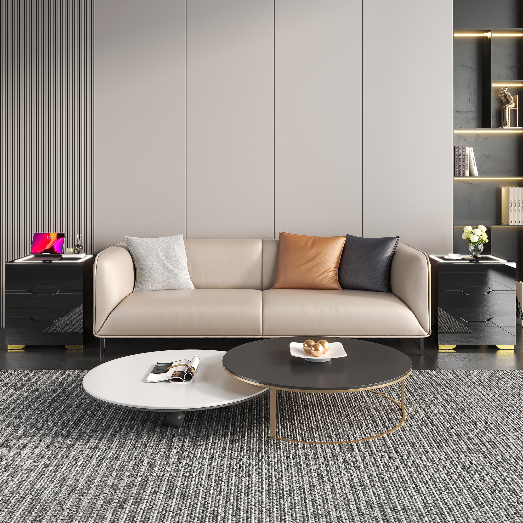 Smart Nightstand with Wireless Charging Station & Adjustable LED Lights, High Gloss End Table with 3 Drawers & USB Charging, Bedside Table Organizer for Bedroom Use