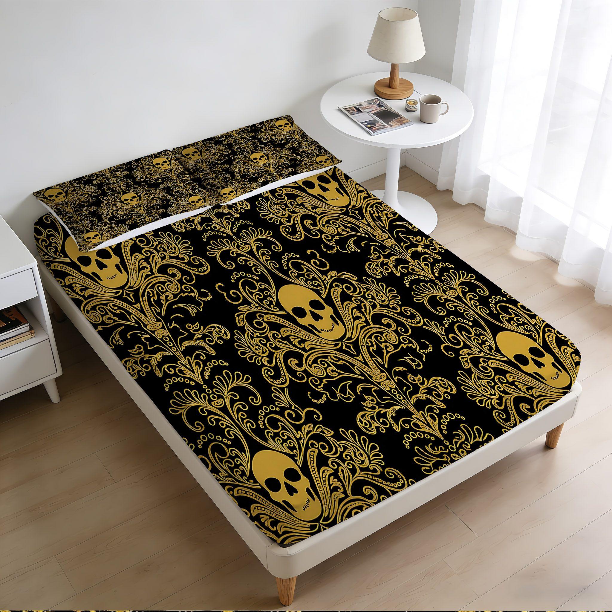 2/3 Pcs Skull Decorative Art Pattern Fitted Sheet Set(1*Fitted Sheet+1/2*Pillowcase,No Filling),High-Definition Digital Printing,Soft And Comfortable Fabric,Suitable For All Year Round,Perfect Gift For Family And Friends On Festivals!