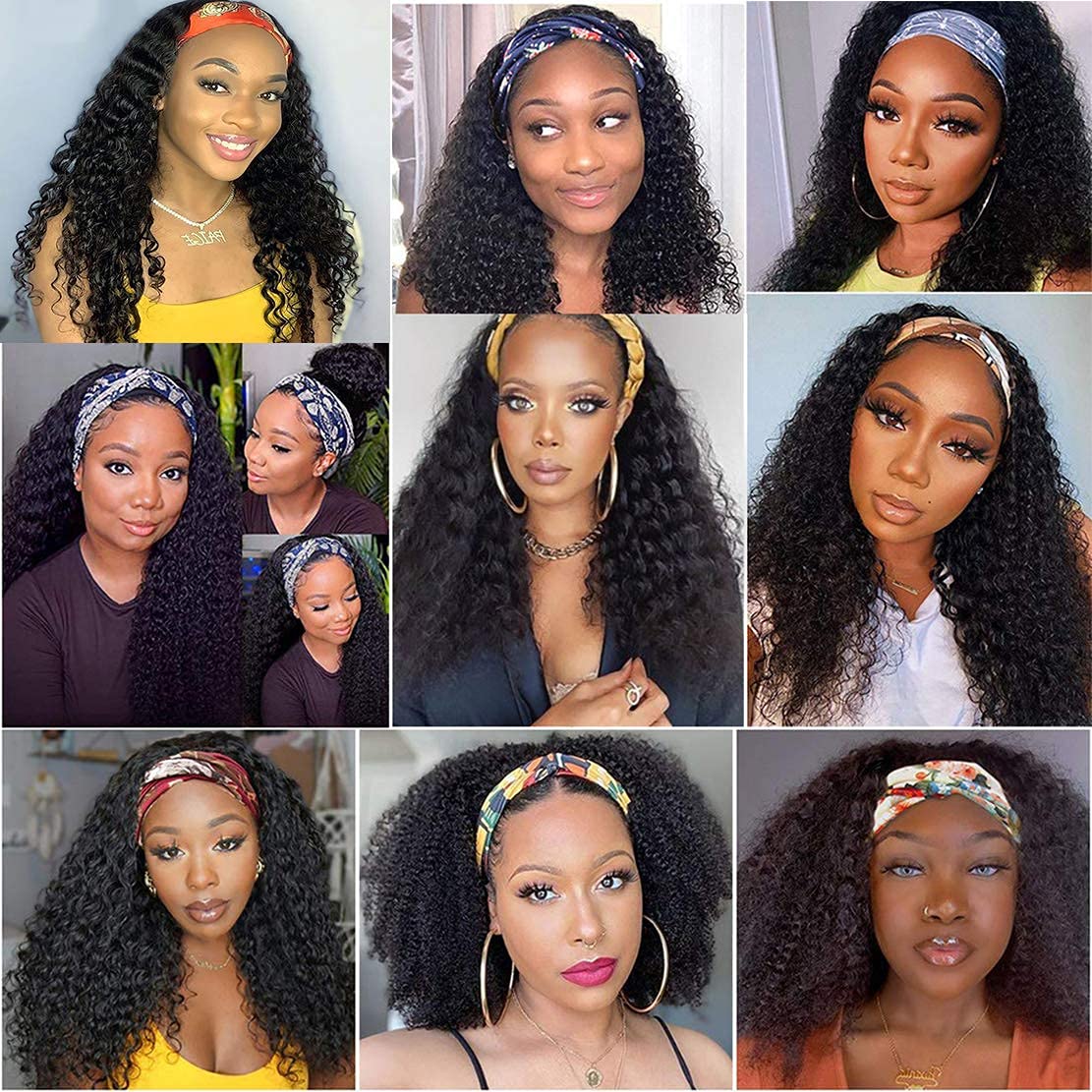 Bling Hair kinky Curly Headband Wig Human Hair 12inch None Lace Front Wigs Brazilian Virgin Hair Machine Made Wigs Glueless Deep Curly Wave Headband Half Wigs for Black Women Human Hair Natural Color