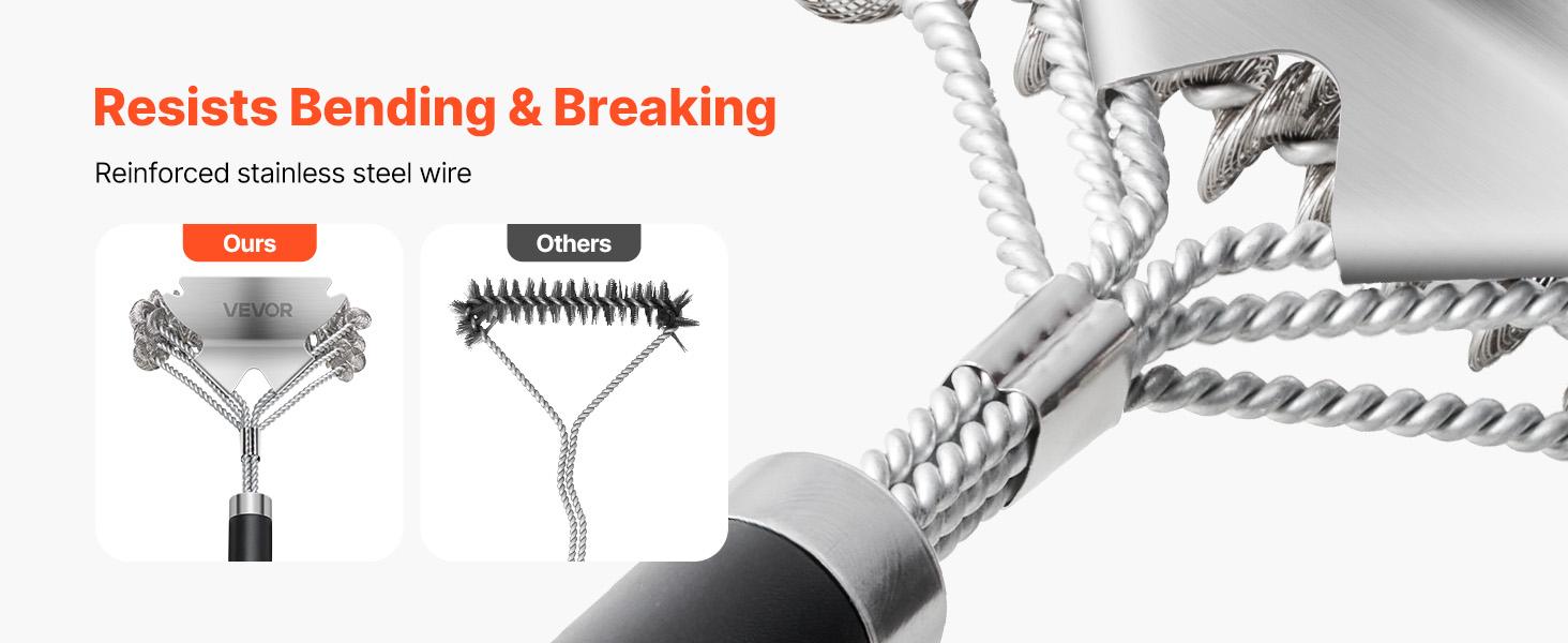 VEVOR Grill Brush and Scraper, BBQ Brush for Outdoor Grills, Stainless Steel Woven Wire, Bristle Free Barbecue Brushes for Porcelain, Charcoal, Grate Cleaner Grill Accessories, 17 in