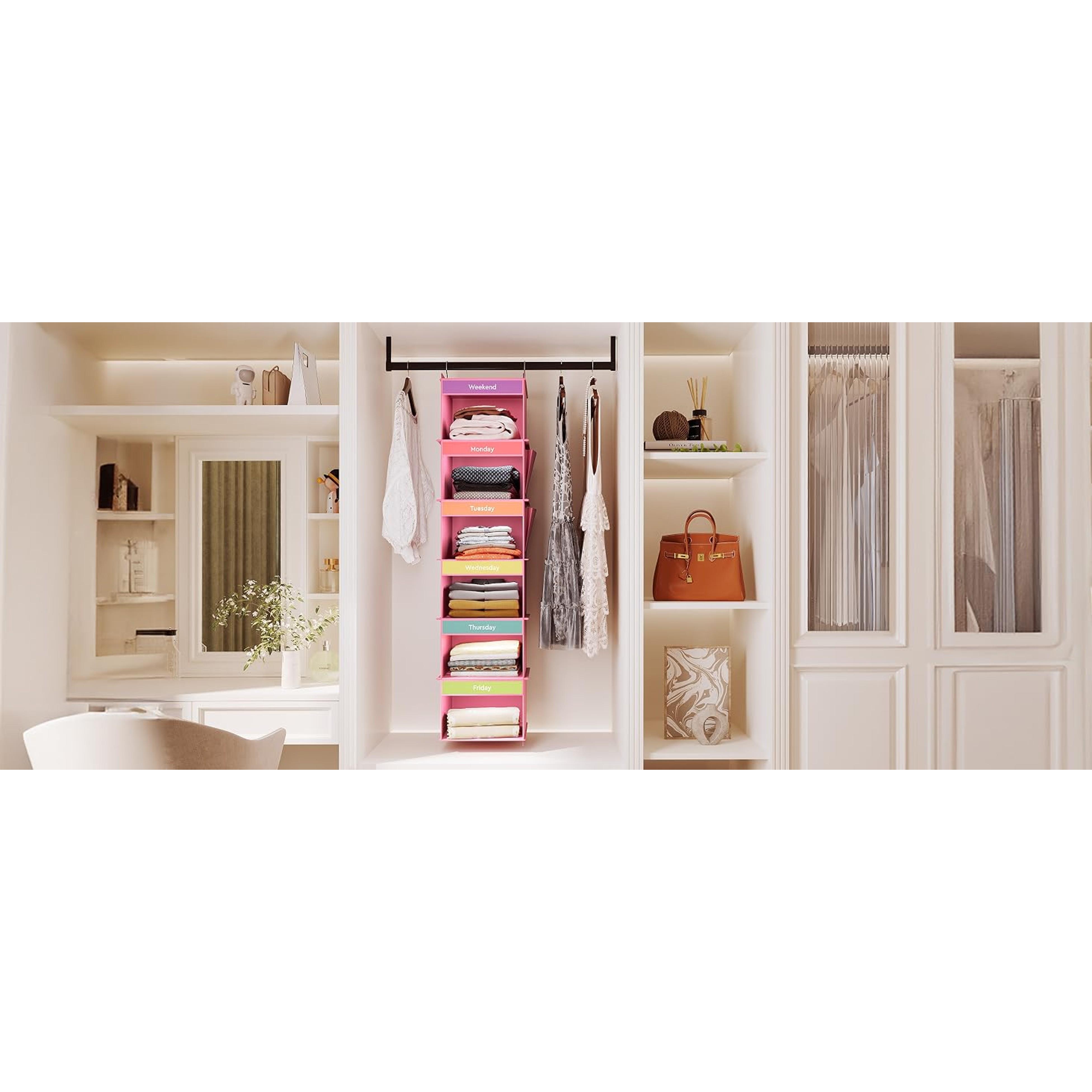Colorful Bamboo 6-Shelf Weekly Hanging Closet Rack with Insert Hooks & 2 Side Pockets, Pink Kids’ Clothes Organizer