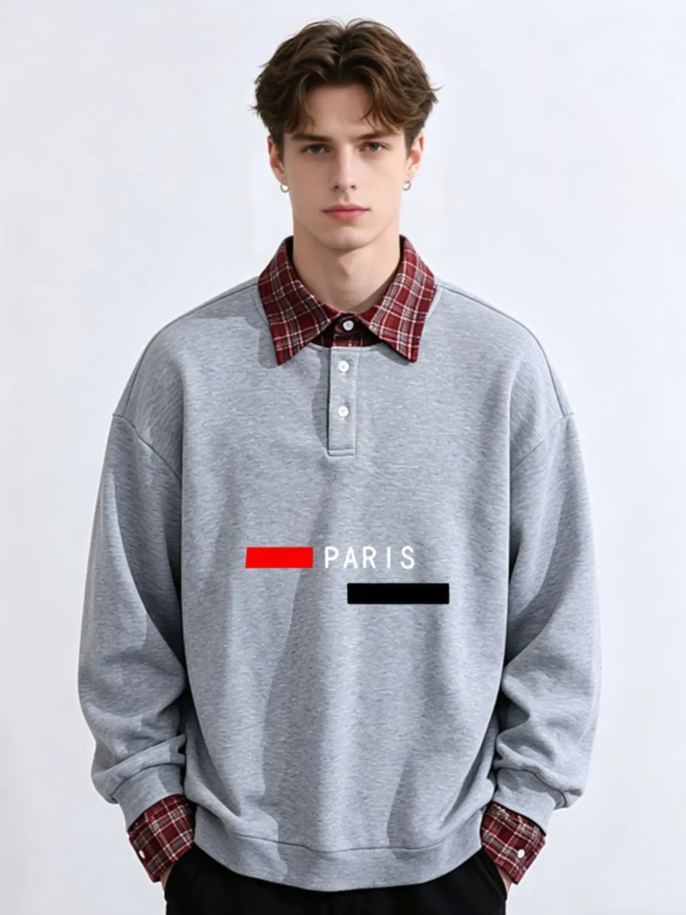 Men's Fake Two-Piece Plaid Lapel Polo Sweatshirt, Letter Print Loose Long Sleeve Pullover, Fall Winter Casual Streetwear Top