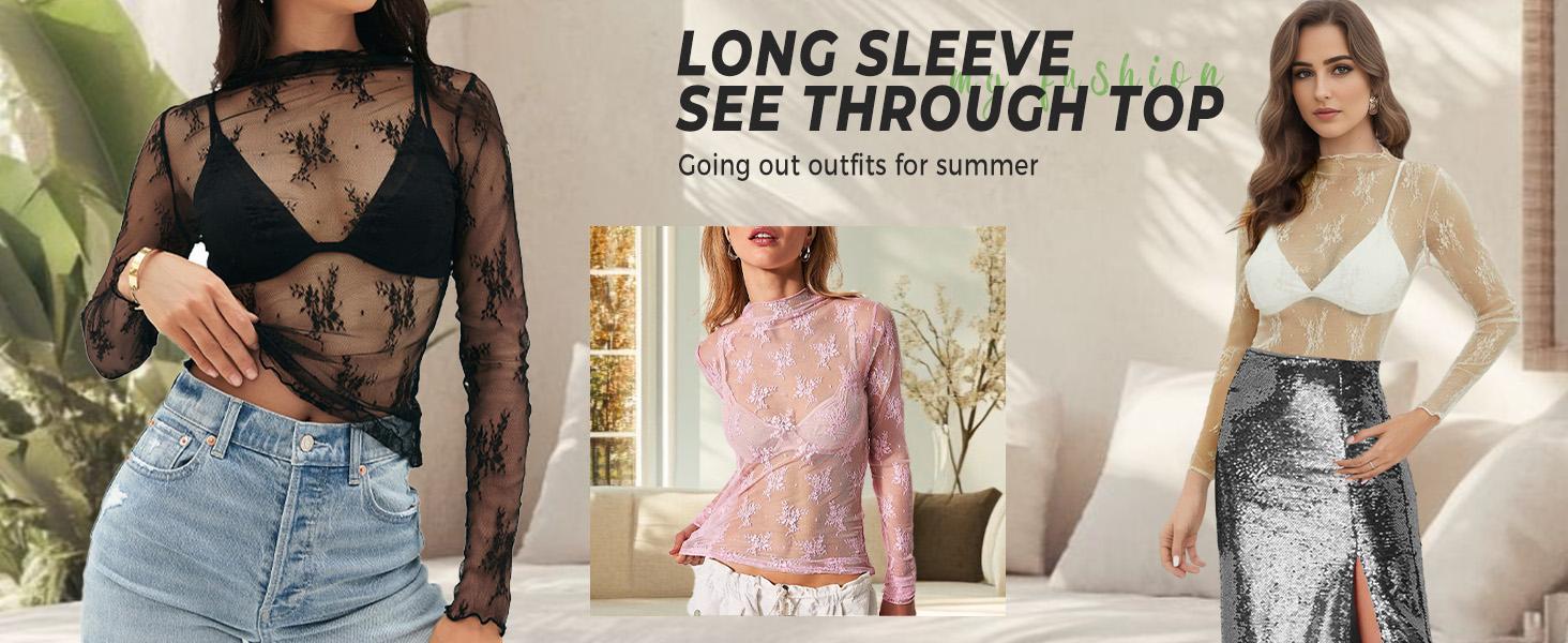 Women's 3-Pack Comfortable Lightweight Sheer Floral Embroidered Lace Long Sleeve Mock Neck Blouse Outfits, Black+White+Coffee, Polyester Edit Style Layering Lace Top for Camping & Outdoor Activities