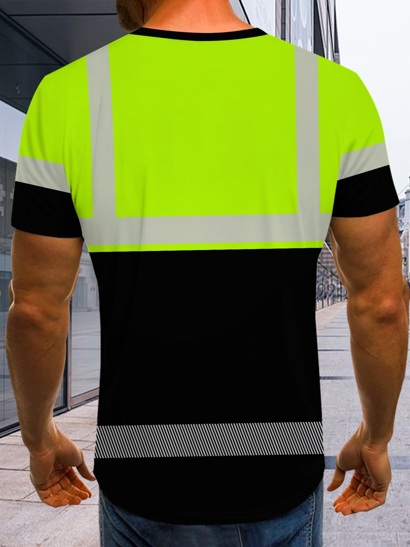 Men's Fluorescent Warning Reflective Stripe T-Shirt, Funny Workwear Style, Half Sleeve, Casual Fashion, Long Length