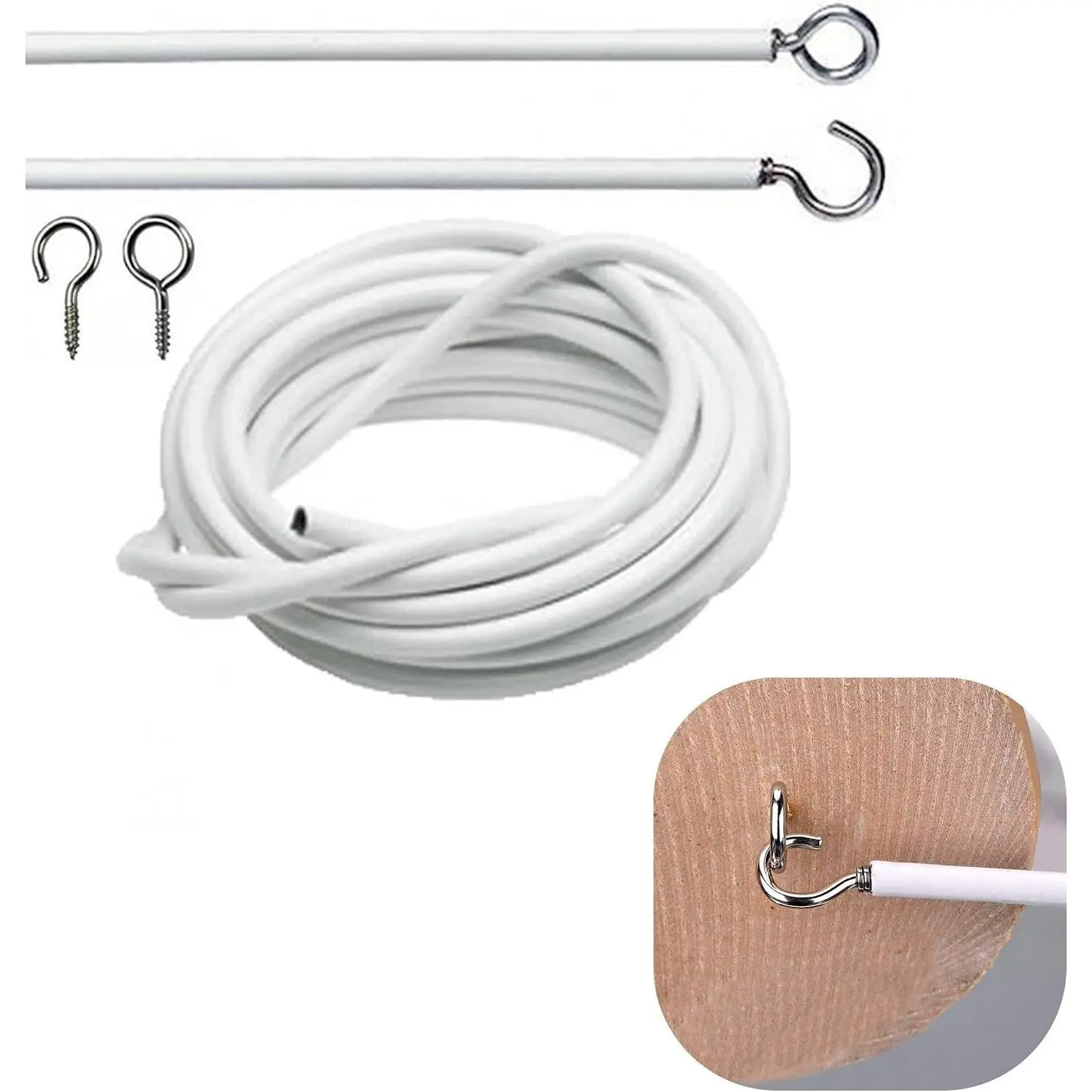 Net Curtain Wire White Hanging Window Cord Cable Kit 2-4 Meters Curtain String with Self-Adhesive Hook Eyes for Curtain Rod（6.56FT/78.74inch)