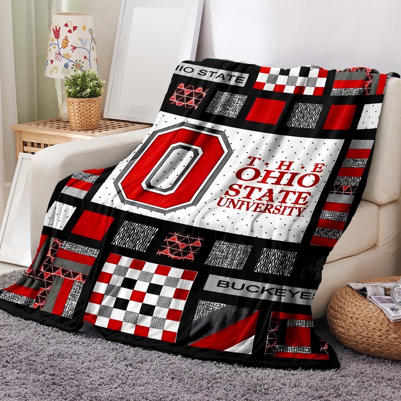 Ohio State University Flannel Blanket, 1 Count Lattice Pattern Soft Comfortable Throw with Storage Bag, Warm Napping Blanket for Home Office Travel Camping, Flannel Fleece Blankets