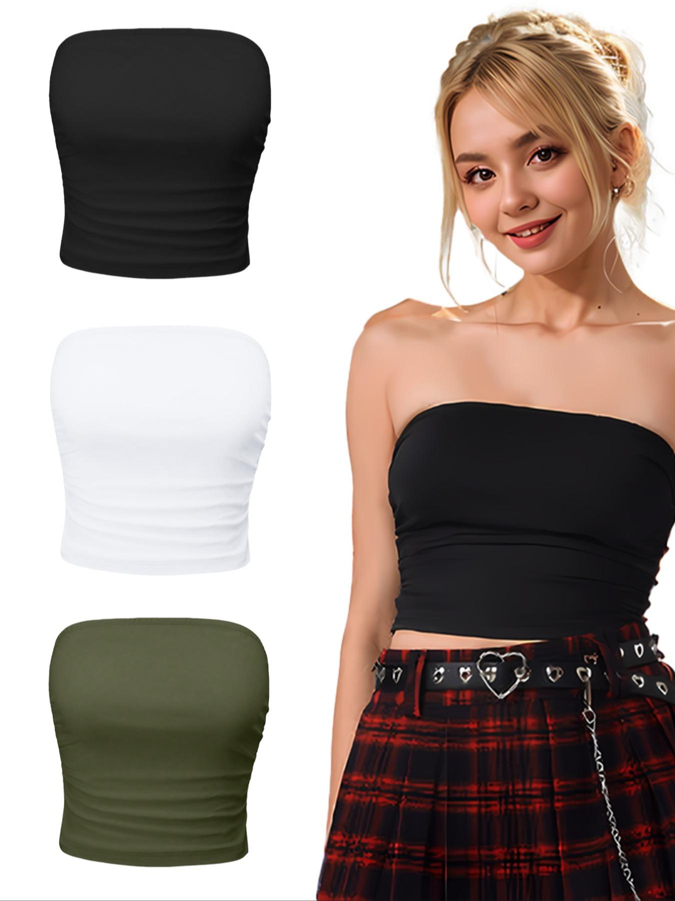 Women's Solid Ruched Crop Tube Top, Summer Clothes Women, Casual Basic Fitted Strapless Top for Summer, Women's Clothes for Daily Wear