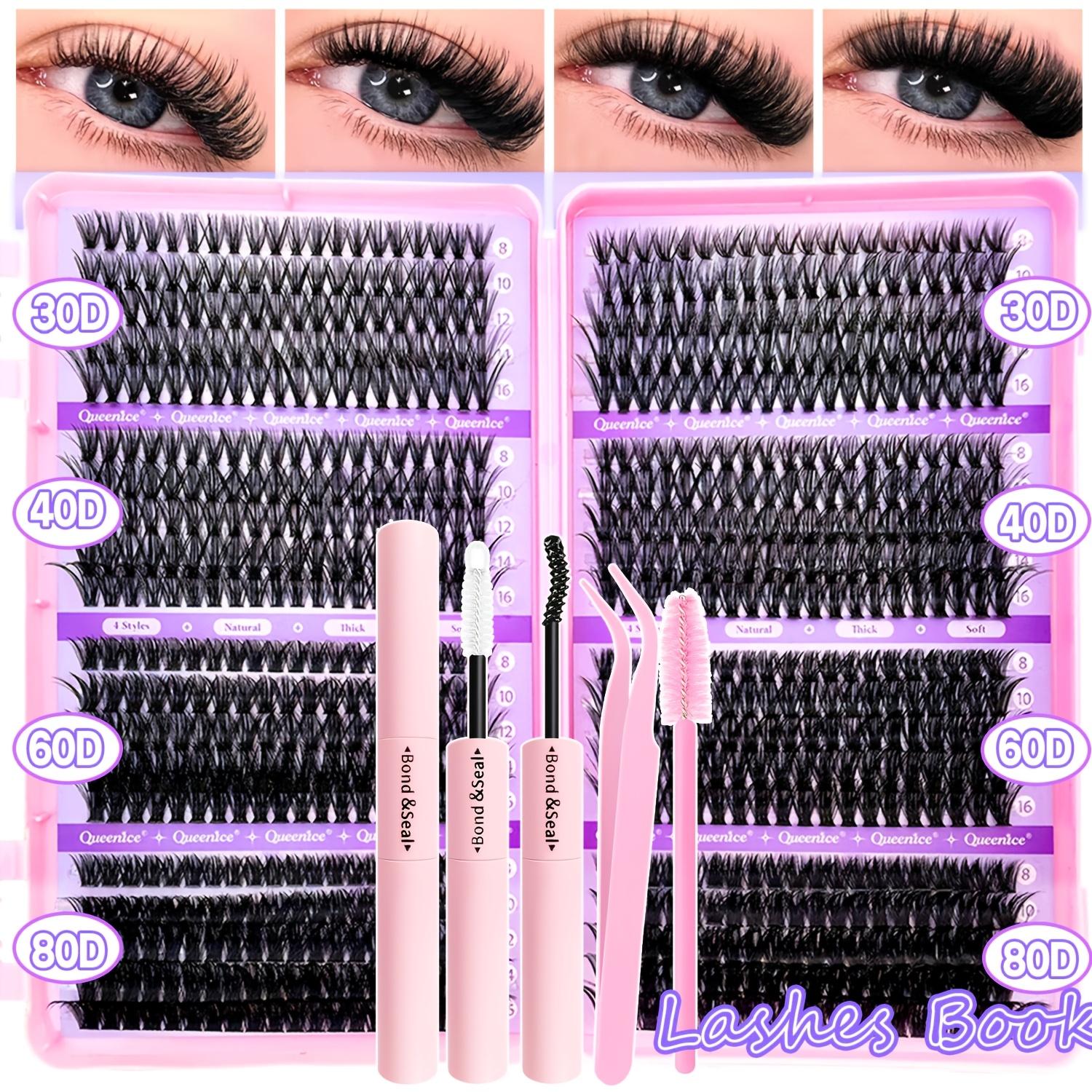 800pcs QUEENICE Eyelash Tuft Kit Compatible for 2-in-1 Bonding Glue - 800 Lashes with Applicators (Tweezers & Mascara Brush), DIY Lash Bonding System, Mix of 50D/30D/40D/60D/80D/9-16mm Lengths for Beginners at Home, /Volume/
