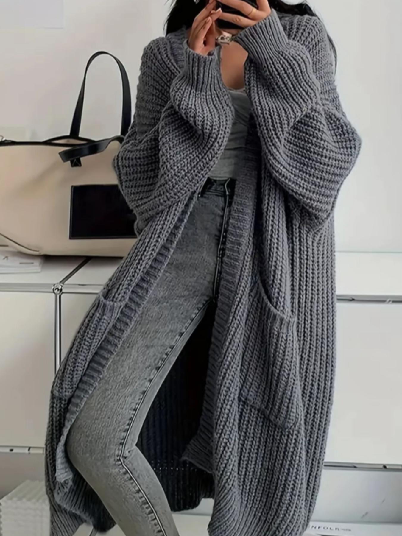2026 Elegant Long Over Knee Sweater Cardigan For Women, Fall Winter New Casual Loose Thick Knit Coat, Trendy Fashion Outerwear, Knitted Cardigan Tops