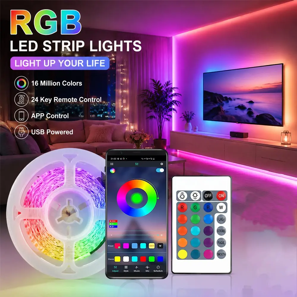 16.40 Feet RGB TV Backlight LED Strip, Smart APP Control, Music Sync, Timer, 24-Key Remote, Home Theater, Living Room, Bedroom, Kitchen Decor