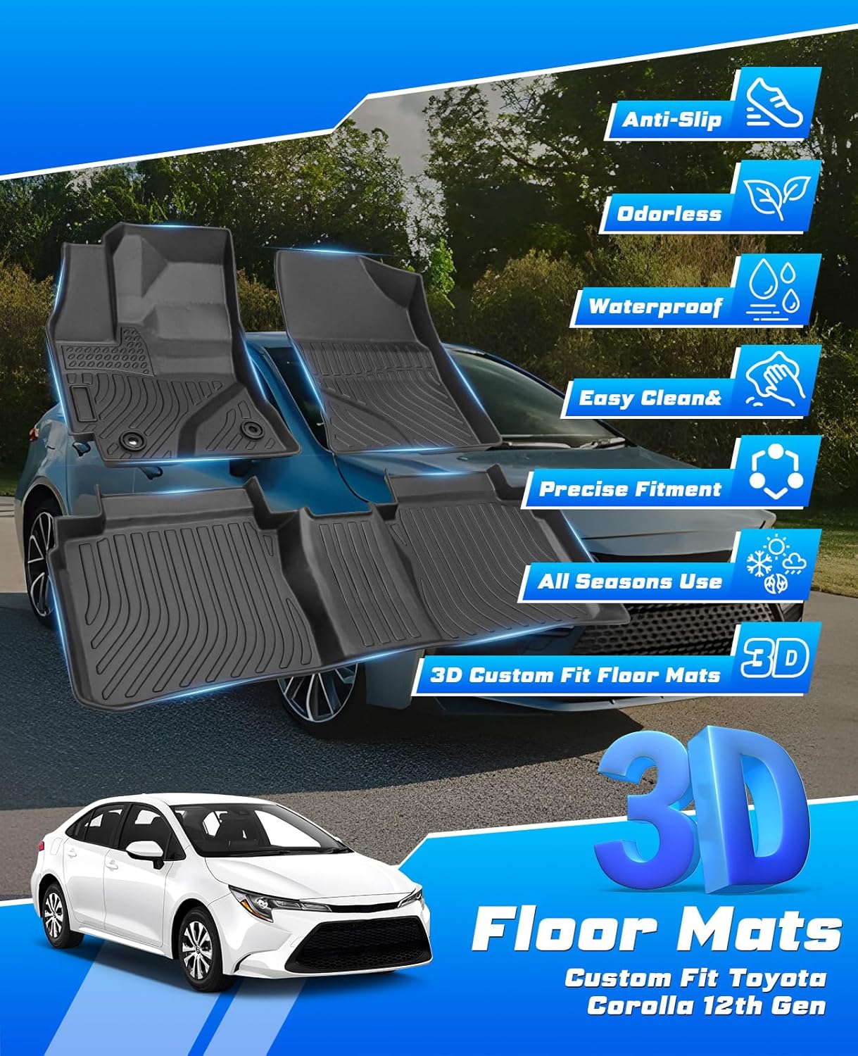 Canvcle TPE Floor Mats for Toyota Corolla 2014-2019 All Weather Guard Liner Non-Slip Black Car Interior Kit Accessories Sedan Only