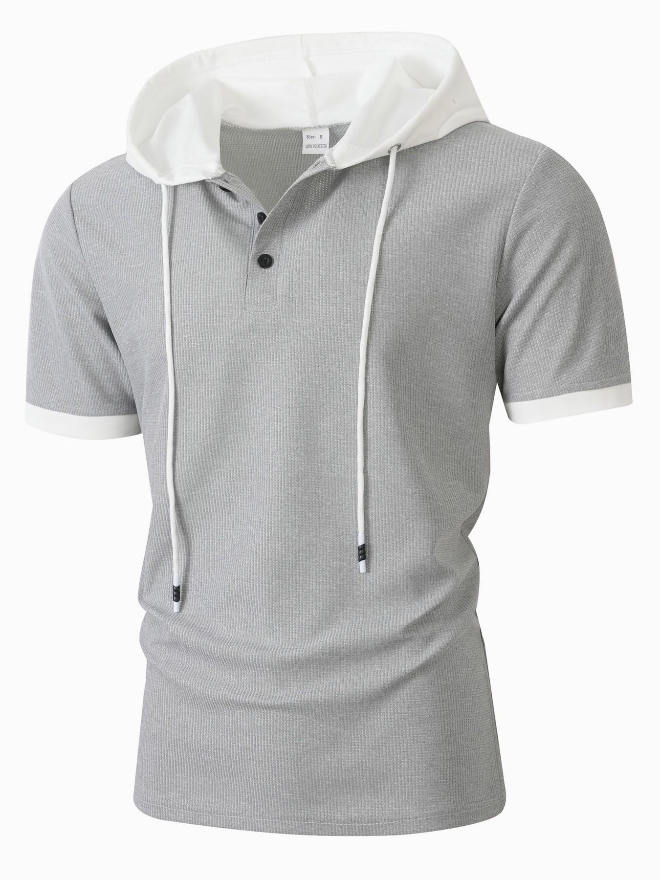 New men's waffle knit polo shirt with hood - stylish contrasting color hood and cuffs, semi-open buttoned collar, short sleeves, and fitted design. Perfect for casual outings, vacations, and daily trendy street style.