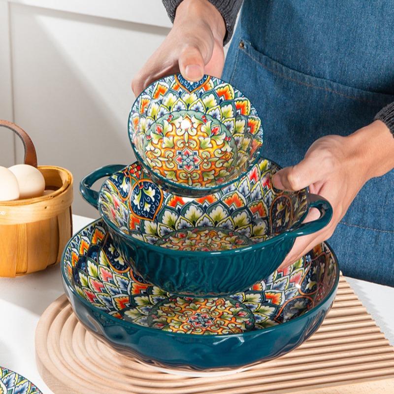 4-Piece Bohemian Ceramic Tableware Set, Hand-Drawn Ethnic Style Bowls and Plates, Creative Home Dining Essentials, Ceramic Dinnerware Sets, Non-Bone China