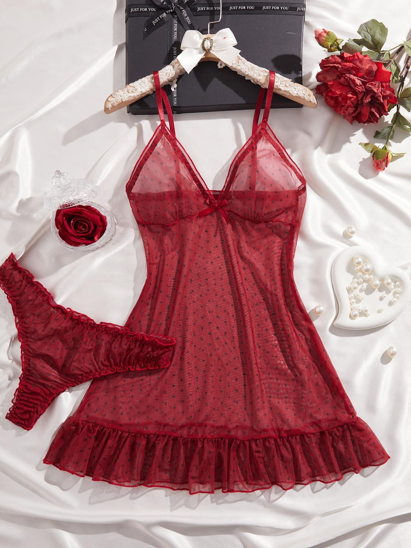 Women's Polka Dot Sheer Mesh Sleepwear Set, Elegant Ruffle Hem Nightgown with Bow Front Decor, Comfortable All-Season Pajamas