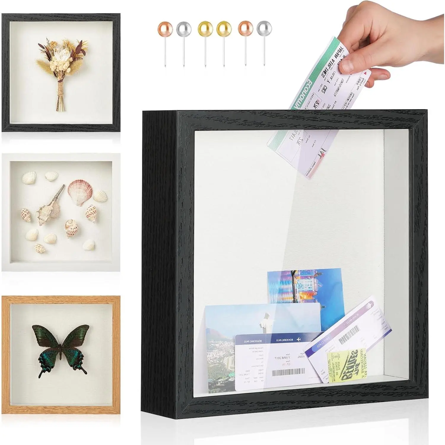 8x8 Black Travel Shadow Box Picture Frame with Slot Travel Ticket Memory Keepsake Box Top Loading Display Case Travel Decor Gift