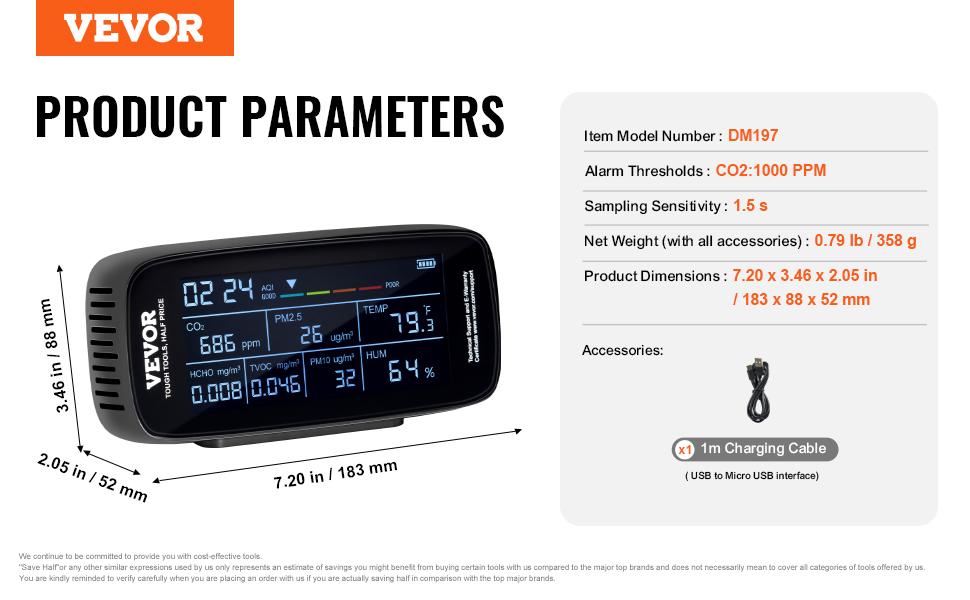 VEVOR Air Quality Monitor 9-IN-1, CO2, Temperature, Humidity, Formaldehyde TVOC AQI Tester, Professional PM2.5 PM10 PM1.0 Particle Counter for Indoor/Outdoor, Air Quality Meter w/Alarm Thresholds