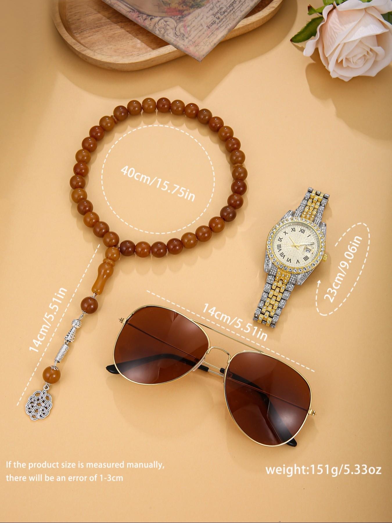 Stylish Men's Watch Set 3pcs, Includes Sunglasses and Beads, Perfect for Daily Use, Ideal Gift for Holidays and Special Occasions