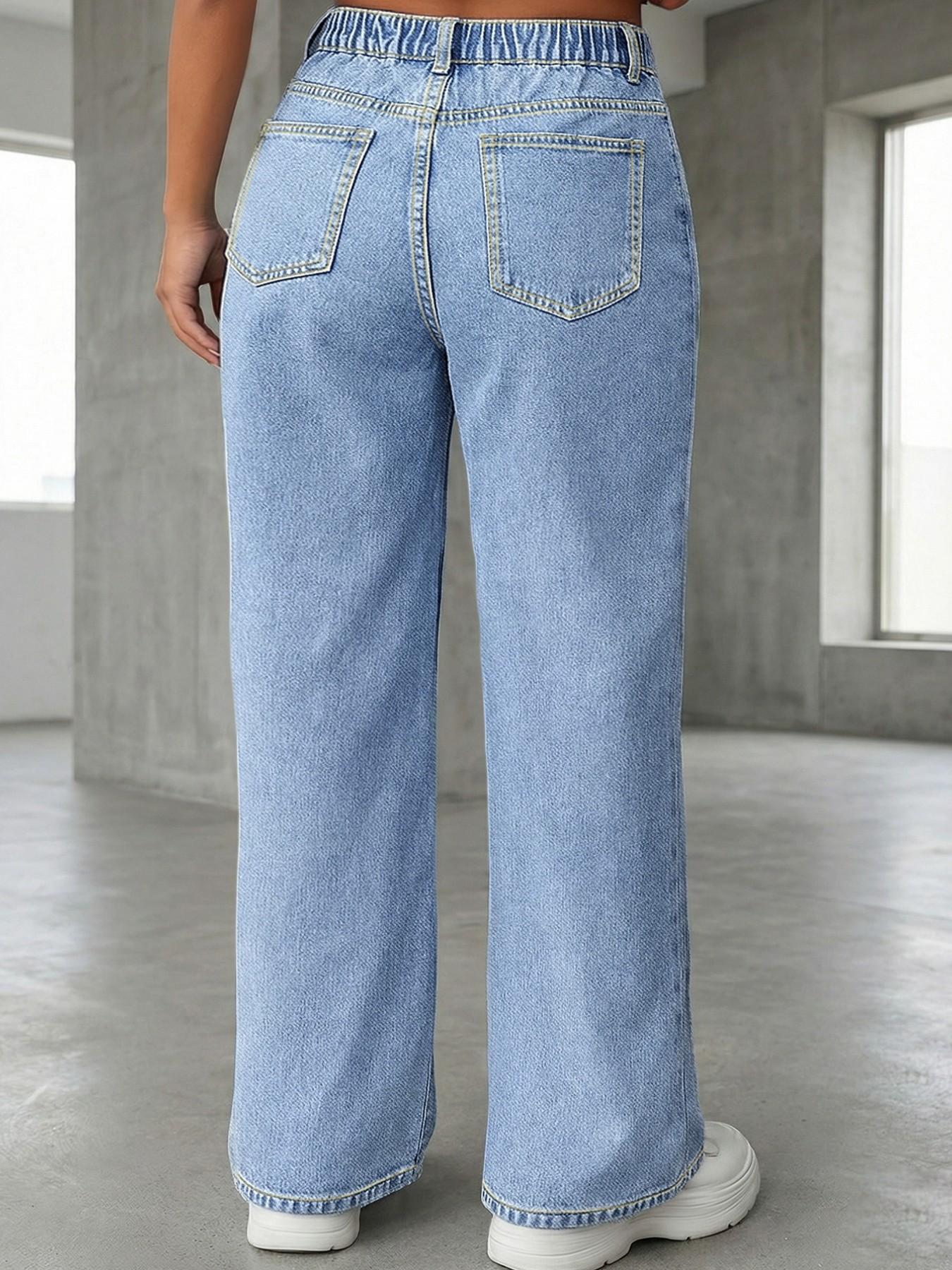 Plus Size Light Wash High Waist Wide Leg Denim Jeans, Elastic Back Waistband, Curvy Relaxed Fit, 90s Vintage Style for Curvy Women